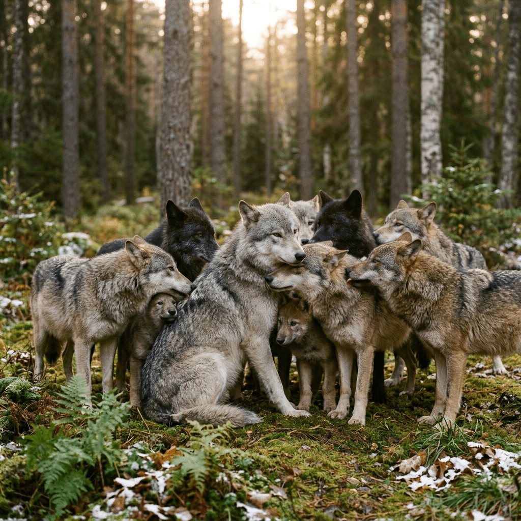A pack of wolves closely grouped together in a forest, some wolves nuzzling each other